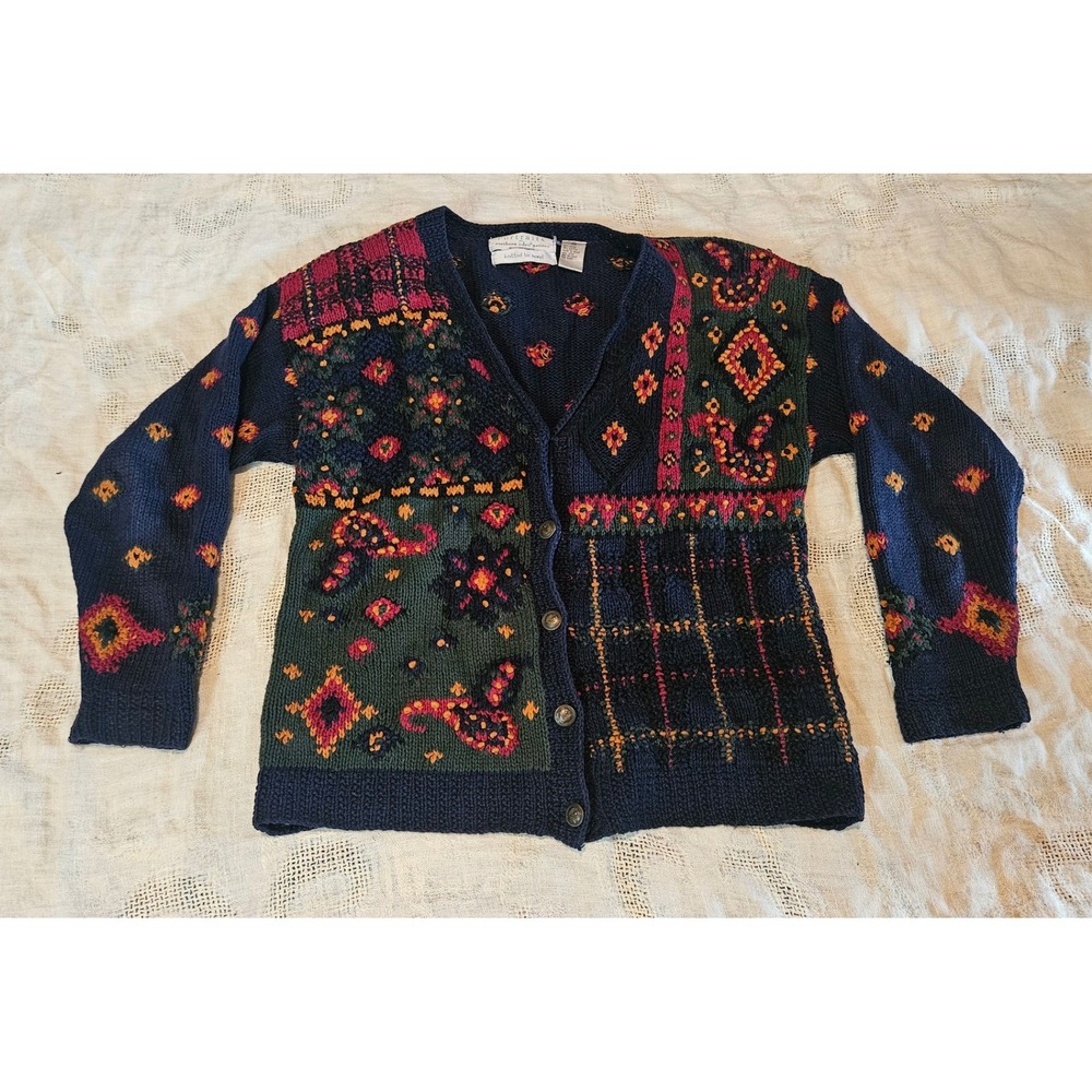 Portraits Northern Isles Petites Hand Knitted Cardigan Navy Patchwork PM